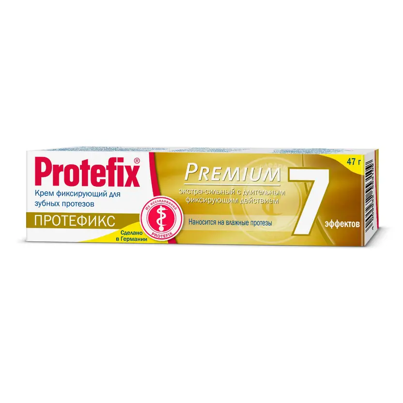 Тюбик крема "Protefix Premium" для фиксации зубных протезов. Объем 47 г. Упаковка в бело-золотистых тонах с надписями на русском языке. Изображён логотип и информация о дополнительных эффектах.