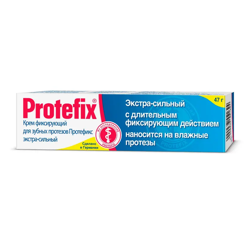 Тюбик крема для фиксации зубных протезов Protetfix, 47 г. Упаковка содержит информацию о продукте, включая надпись "Экстра-сильный" и указания на применение на влажные протезы.