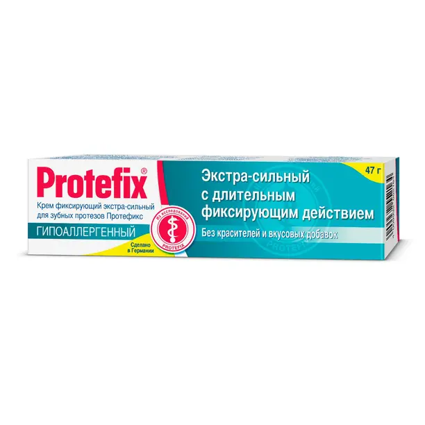 Упаковка крема "Protetfix" массой 47 г. На упаковке указаны характеристики: "экстра-сильный с длительным фиксирующим действием", "гипоаллергенный", "без красителей и вкусовых добавок". Дизайн простой, с яркими цветами и логотипом.